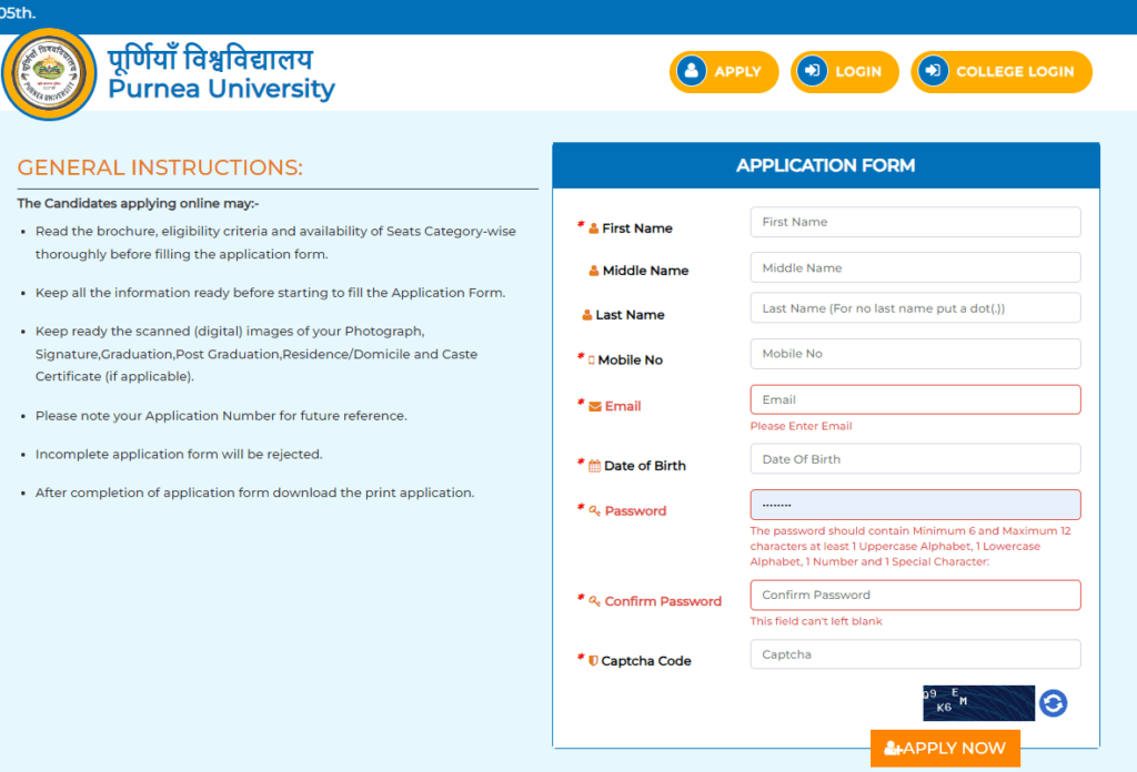 Purnea University PG 4th Semester Exam Form 2024