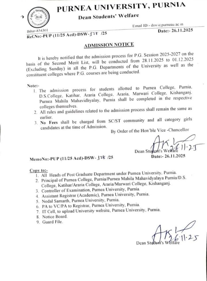 Purnea University PG Admission Notice 2025