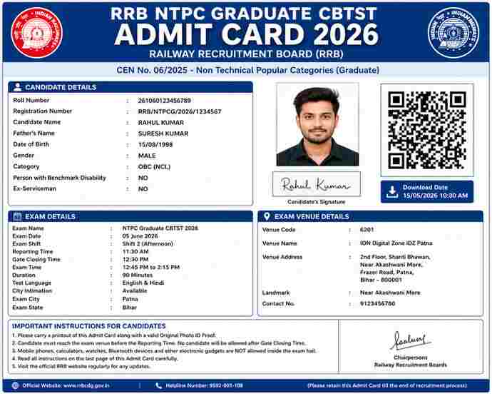 RRB NTPC Graduate CBTST Admit Card 2026: